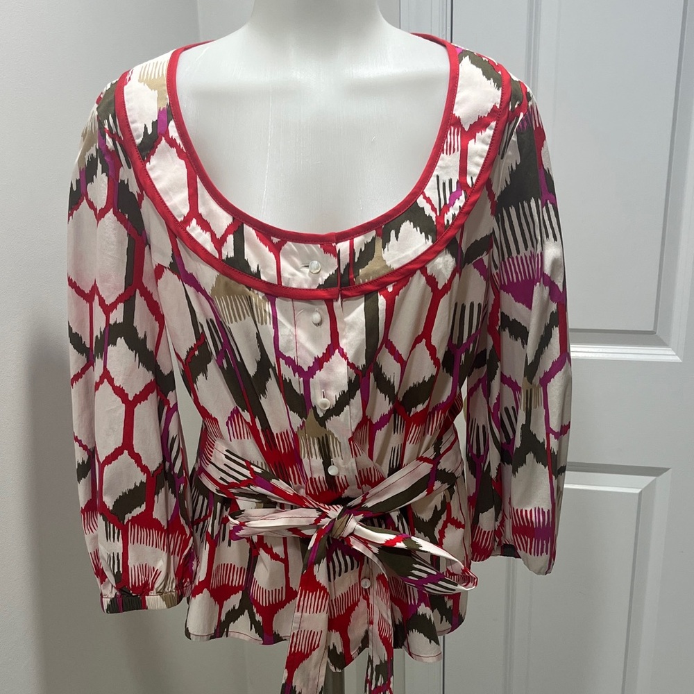 ESCADA vintage-y blouse. Cream, red, green. Sz 38= approx Sz 8.